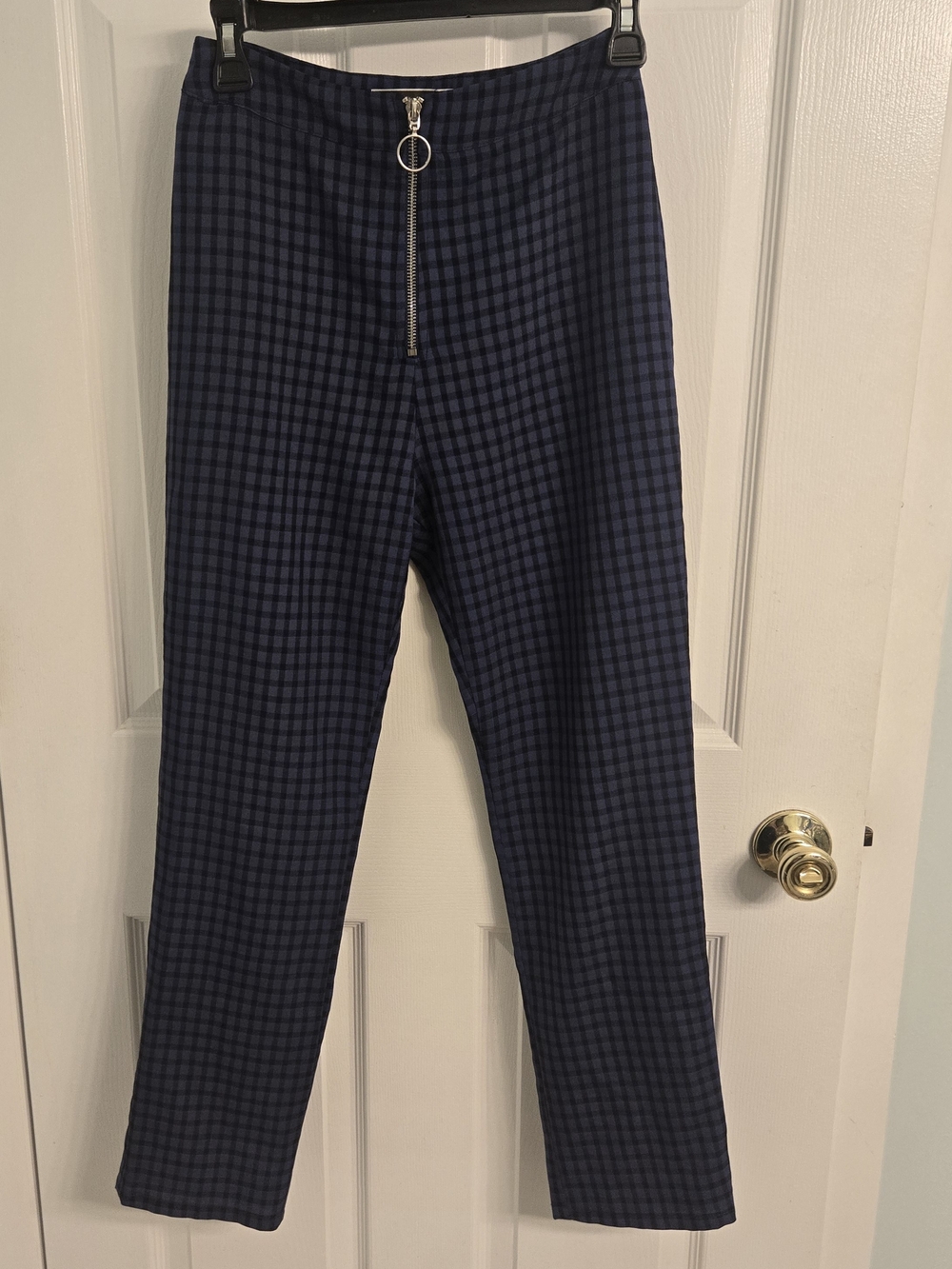 High-waisted Blue Black Checkered Gingham Pants Ring Zipper S Blue Blush